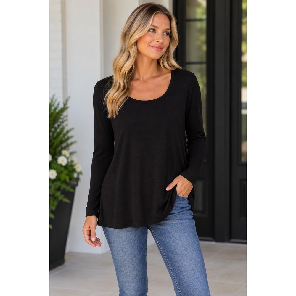 Vince Women's Black Scoop Neck Long Sleeve Knit Top Viscose Silk Spandex M